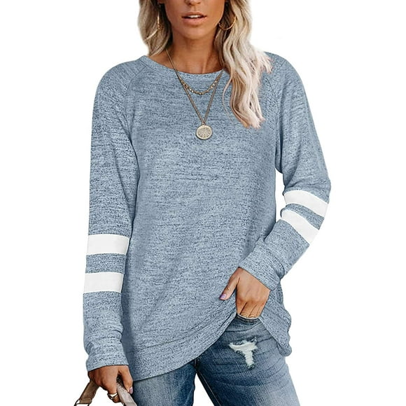 Women's Casual Striped Long Sleeve T-Shirts Round Neck Solid Tops Leisure Loose Fit Blouse