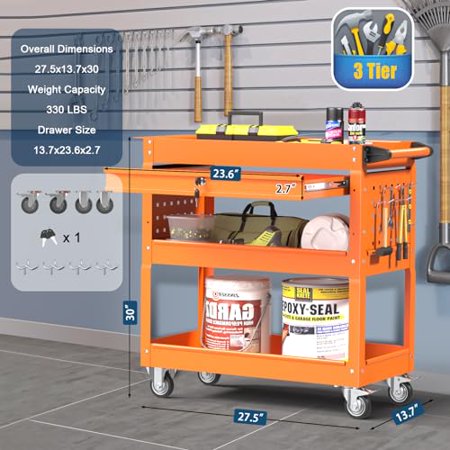 3 Tier Rolling Tool Cart,330 lb Capacity Utility Cart on Wheels,Metal Service Tool Cart with Drawer and Lock,Tool Storage Cart for Garage Warehouse Workshop (Orange)