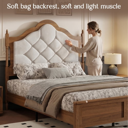 Full Size Bed Frame with Upholstered Headboard and Panel Footboard, Vintage Mid-Century Farmhouse Style, Brown Wood Platform Bed