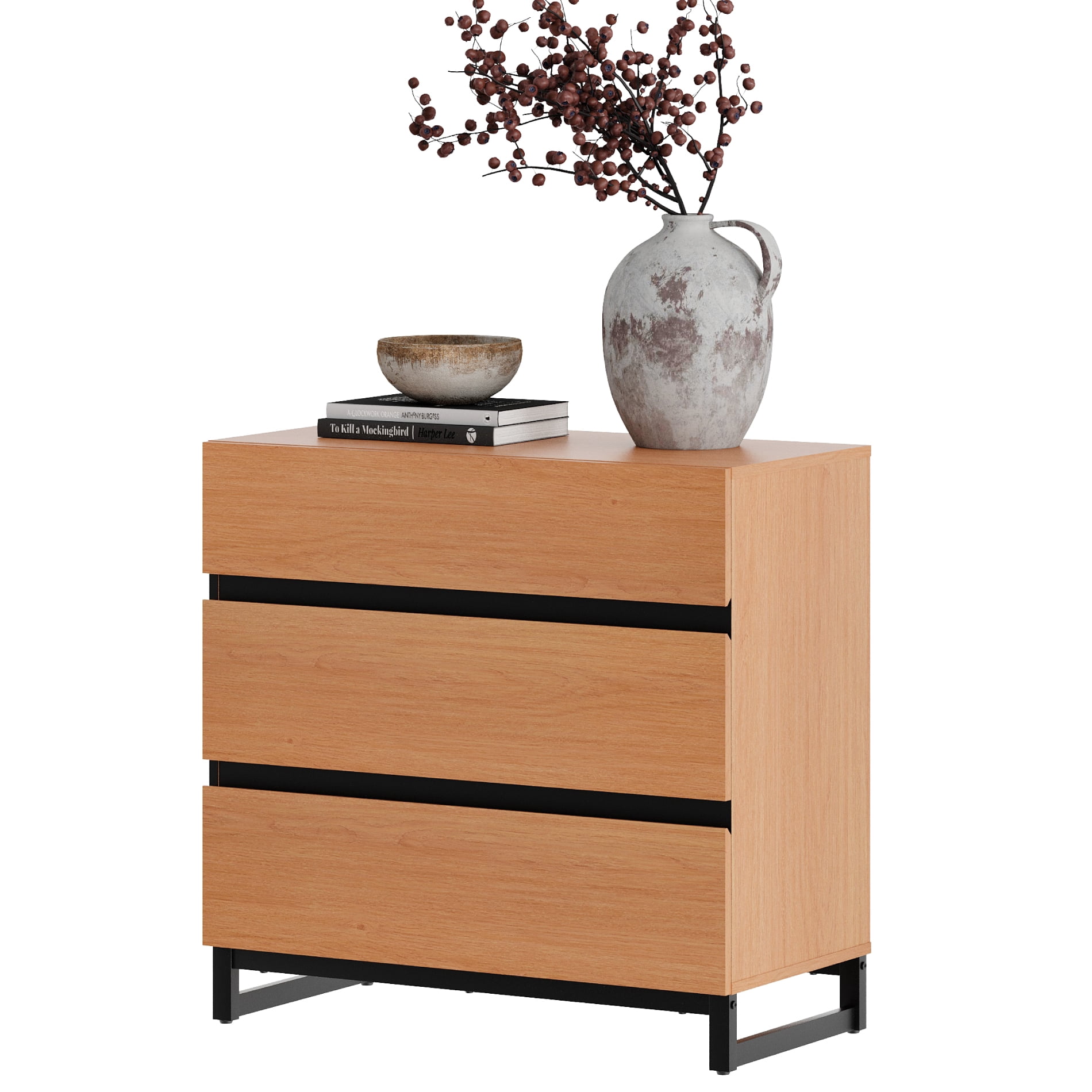 2 Pack Rustic Mocha Wood Nightstands, Modern Bedroom Bedside Tables with 3 Drawers and Black Square Metal Legs