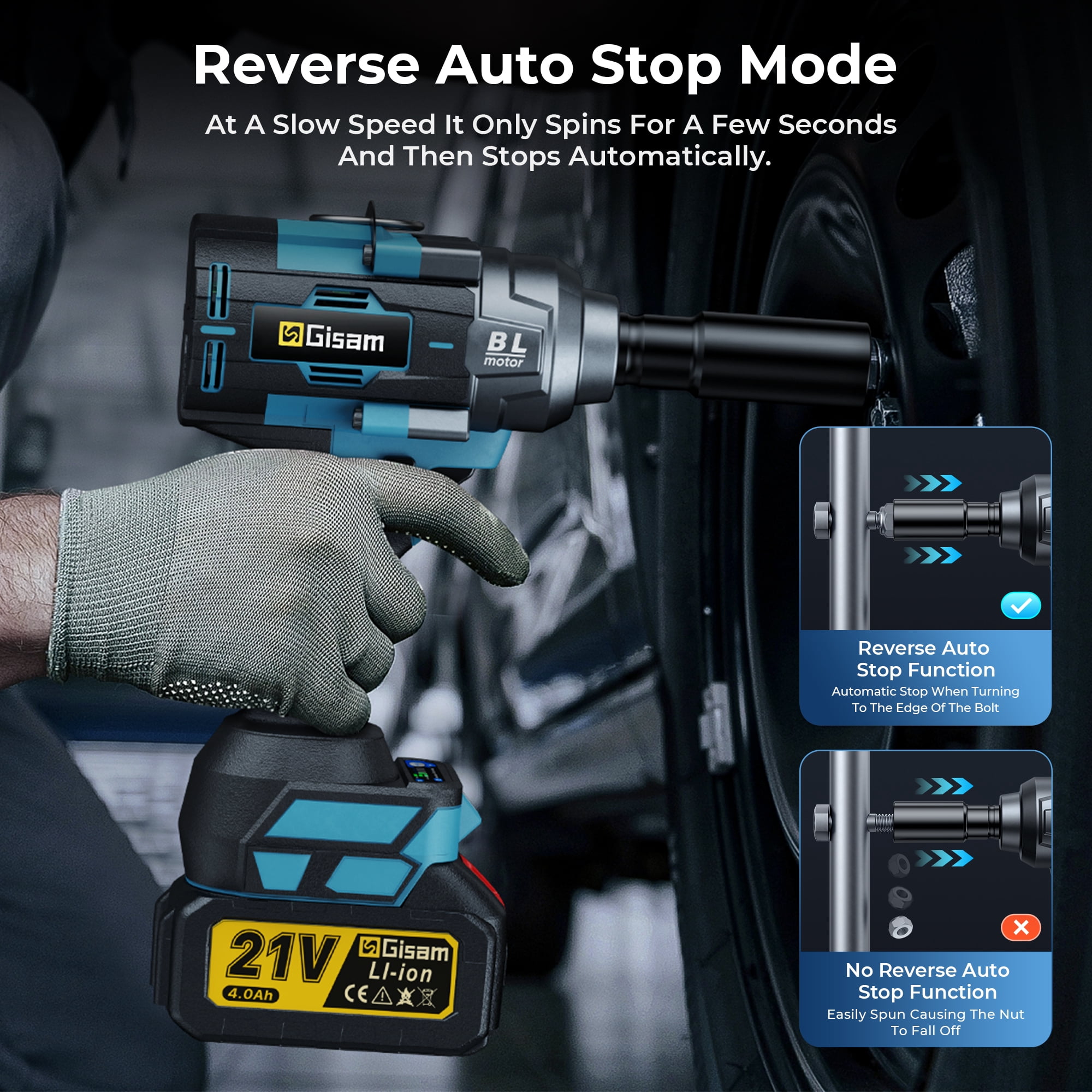 Gisam Cordless Impact Wrench,21V Brushless Impact Wrench 1/2 Inch,2 × 4.0Ah Impact Drill Tool Set Power Impact Driver With 4-Mode Speed, LED Work Light