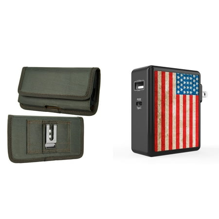 Holster and Wall Charger Bundle for REVVL 6 5G: Horizontal Rugged Nylon Belt Pouch Case (Midnight Green) and 45W Dual USB Port PD Type-C and USB-A Power Adapter (Vintage American Flag)