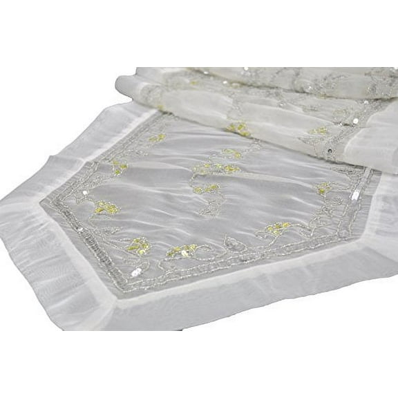 AK TRADING CO. 16" x 72" Hand Beaded and Embroidered Design White Organza Table Runner or Topper with Tassels