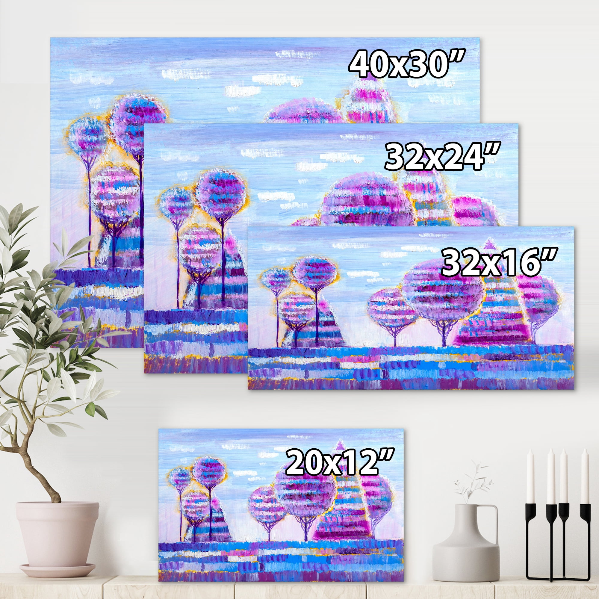 Designart ' Purple Coloured Tree Impression Landscape I ' Modern Canvas Wall Art Print