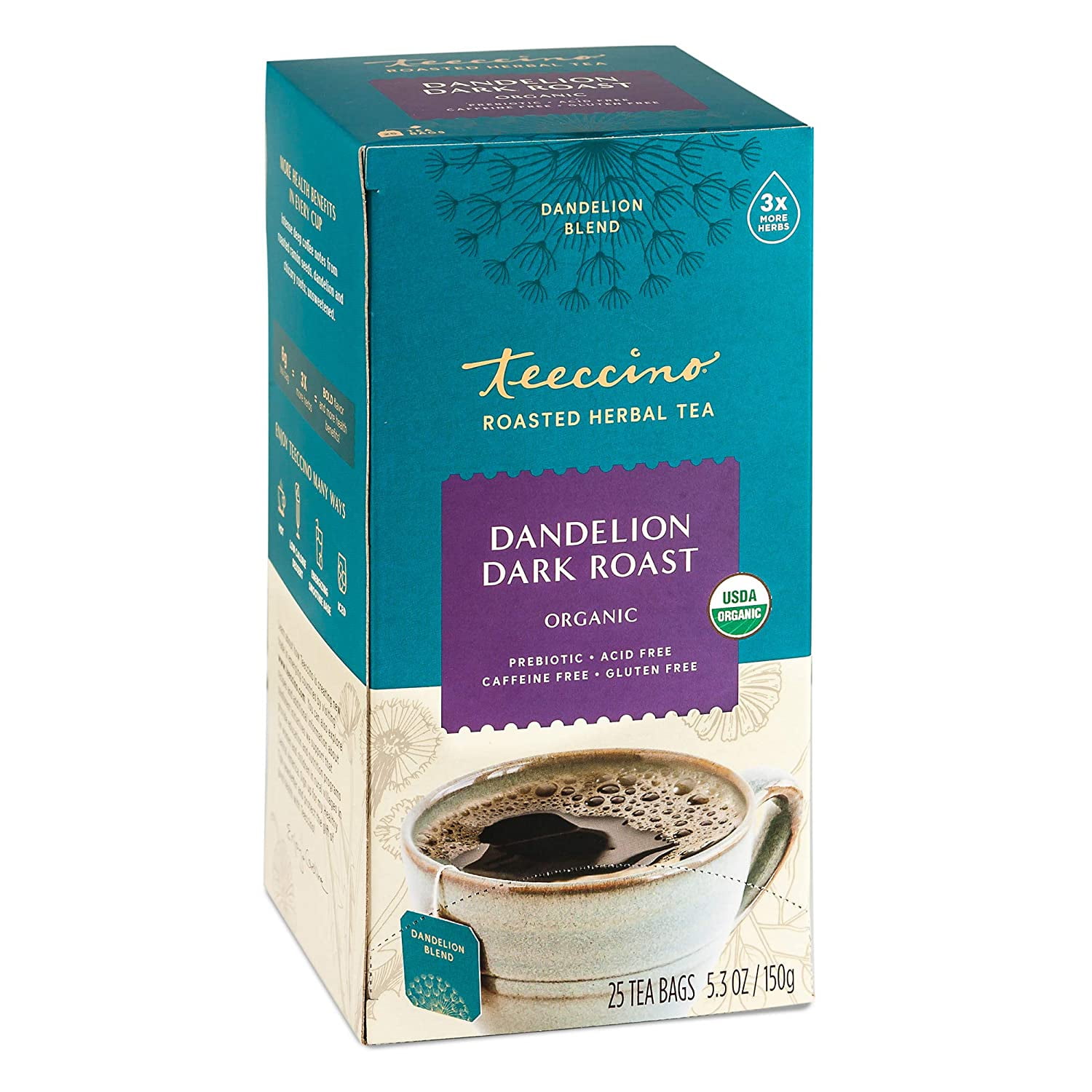 Teeccino Dandelion Herbal Caffeine Free & Prebiotic Tea , Dark Roast, 25 Tea Bags