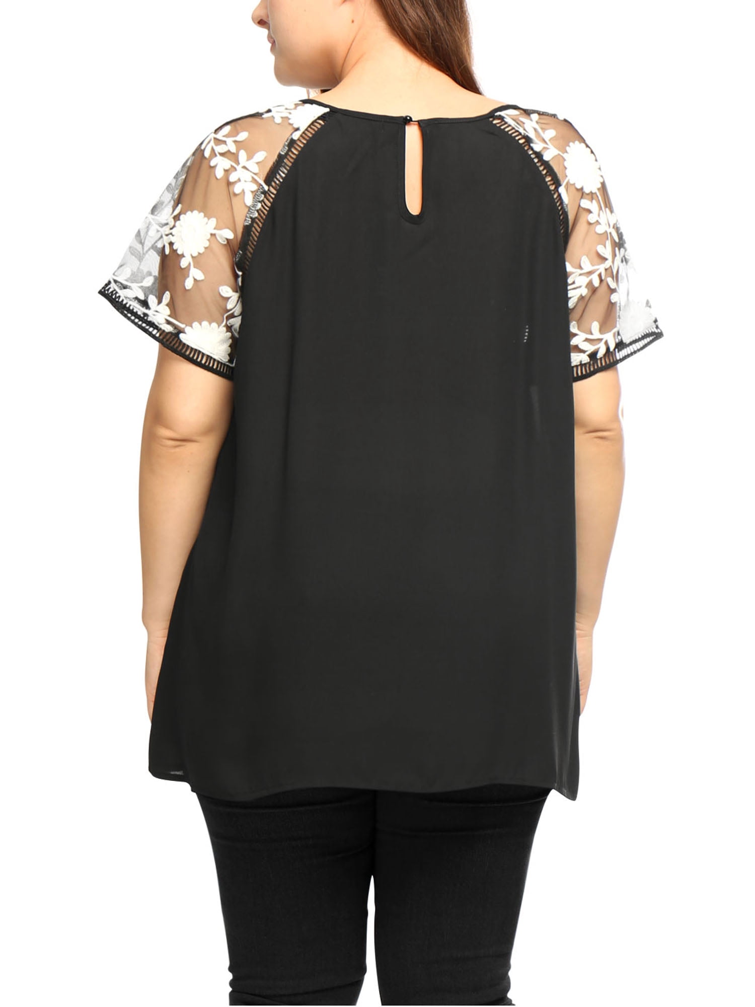 Unique Bargains Women's Plus Size Crochet Mesh Panel Sheer Raglan Sleeve Top 3X Black