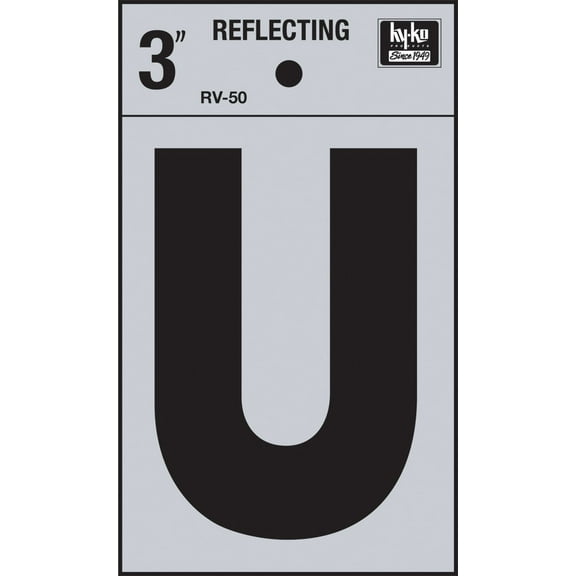Hy-Ko RV-50/U Vinyl Self-Stick Reflective with Letter U, 3", Black