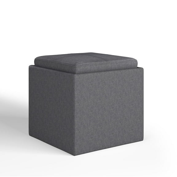 Simpli Home Rockwood 17 inch Wide Contemporary Square Cube Storage Ottoman with Tray in Slate Grey Linen Look Fabric, Assembled