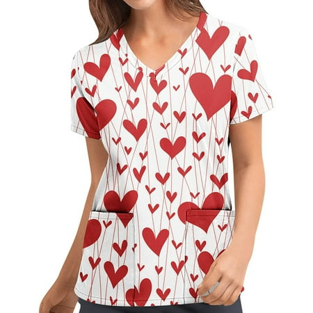 

Short Sleeve Tops for Women Valentine s Day Heart Printed Scrub Shirts Workwear Casual Loose V-neck Scrub Tops