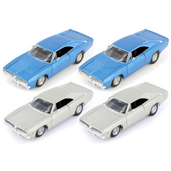 1969 Dodge Charger R/T Hardtop, Blue & Beige - Showcasts 37256 - 1/25 Scale Set of 4 Model Toy Cars