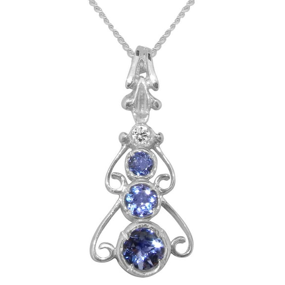 LBG Sterling Silver Genuine Natural Tanzanite & Diamond Womens Bohemian Pendant & Chain Necklace - Chain length 22