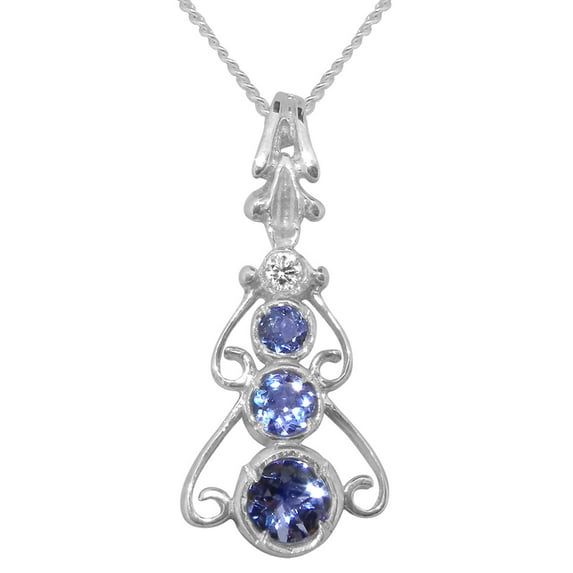 LBG 10k White Gold Pendant & Chain with Genuine Tanzanite & Diamond Womens Bohemian Pendant & Chain - Chain length 16