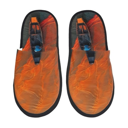 Balery Orange Net Fishing Boat Slient Indoor Furry Fleece Comfort House Shoes Soft Non-Slip Home Shoes Cotton slippers House Slippers-- Large