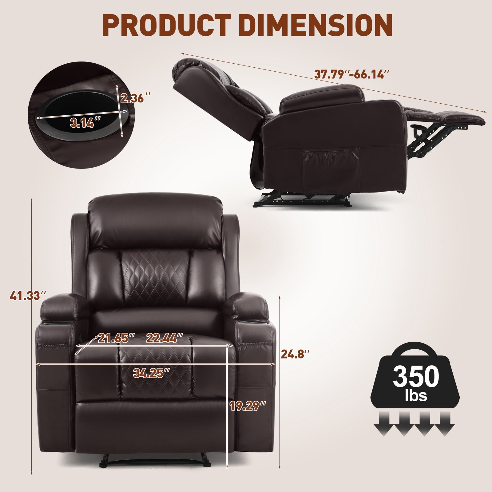 COSVALVE Electric Massage Heating Manual Recliner Chair Armchair Ergonomic Single Sofa with Remote Control, 2 Cup Holders (Brown)
