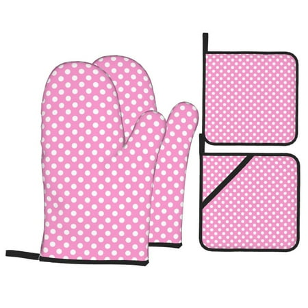 

Oven Mitts and Pot Holders 4 pcs Set vintage polka dots pink Heat Resistant Pot Holders Oven Mitts for kitchen Non-Slip Hanging Loop Oven Glove Potholders for Baking Cooking