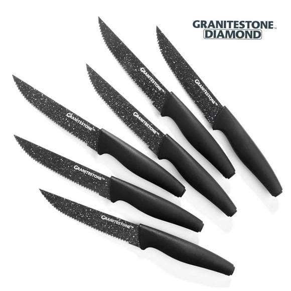 Ensemble de 6 couteaux à steak haut de gamme Granitestone – Lames dentelées en acier inoxydable ultra tranchantes, revêtement antiadhésif, poignées noires ergonomiques
