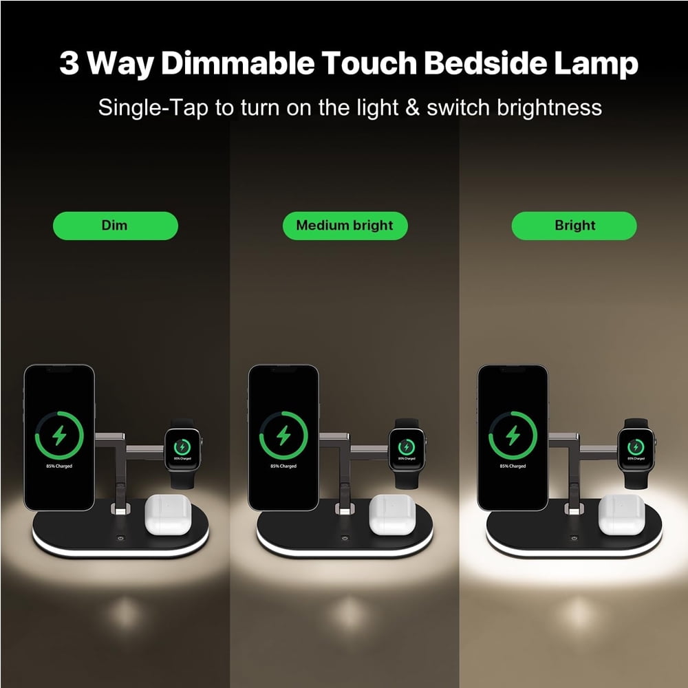 4 in 1 Aluminum Alloy Magnetic Wireless Charger Stand for Charger Stand Sdxps Fast Wireless Charging Station for iPhone 15 14 13/12 Series Apple Watch Airpods with LED Lamp 18W Adapter Black