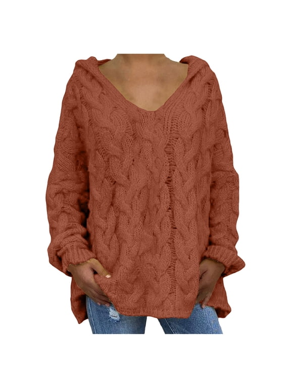 Women's Oversized Chunky Cable Knit Pullover Hooded Sweaters V Neck Long Sleeve Loose Hoodies Fall Fashion Outfits