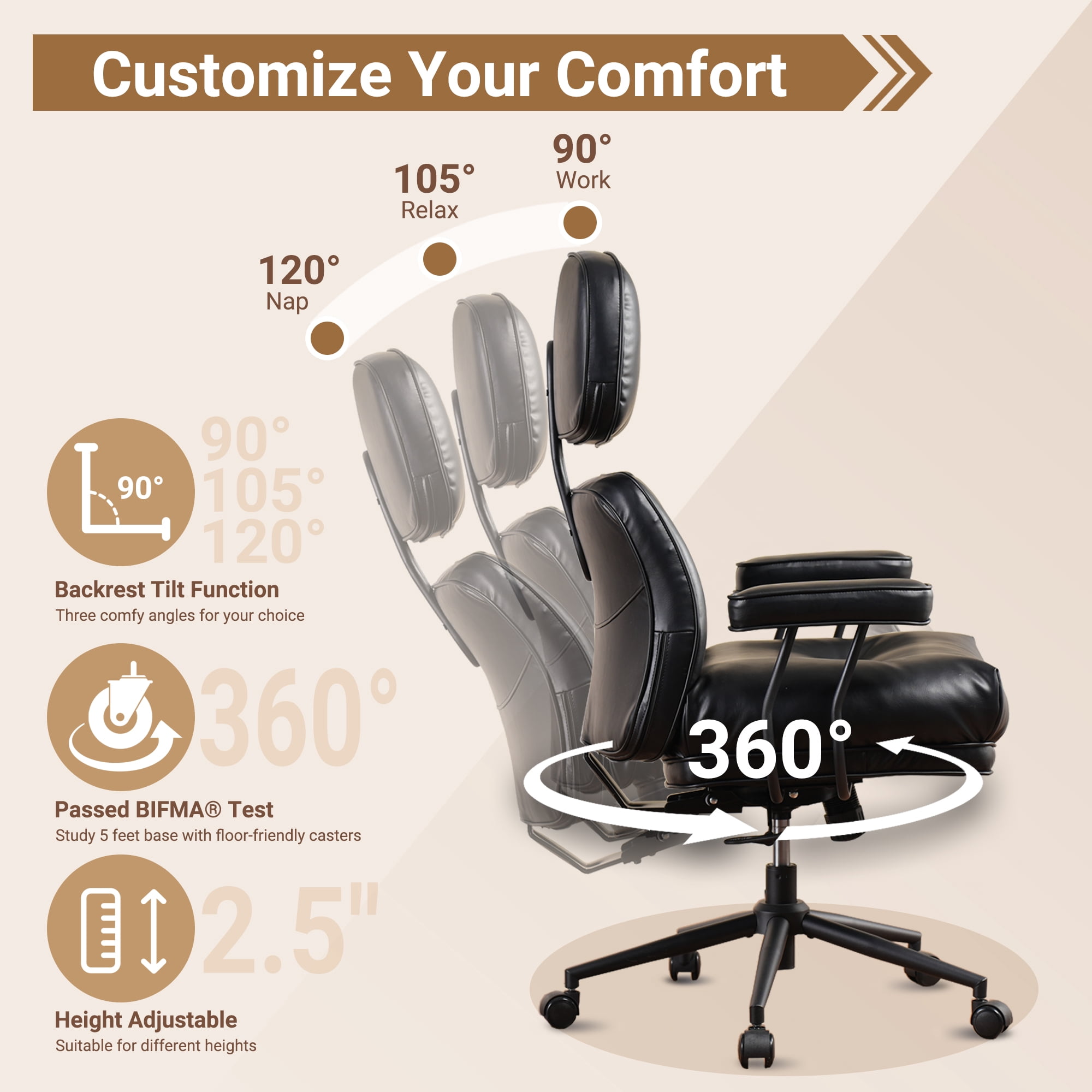 Vcatnet Ergonomic Executive Office Chair, High Back Computer Chair with Lumbar Support, PU Leather Mid-Century Modern Adjustable Home Office Desk Chair, Black
