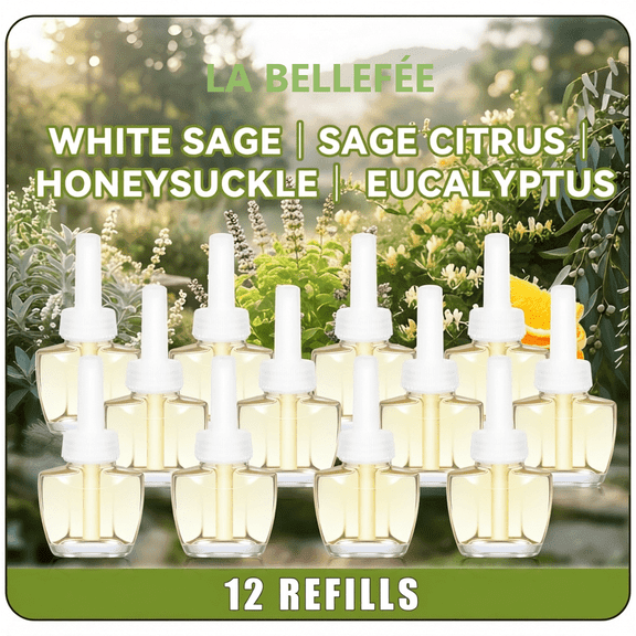 Plug-In Air Freshener Refills 12-Pack, White Sage Citrus Sage Honeysuckle Eucalyptus Scents, Home Fragrance Refills Compatible with Air Wick and Glade