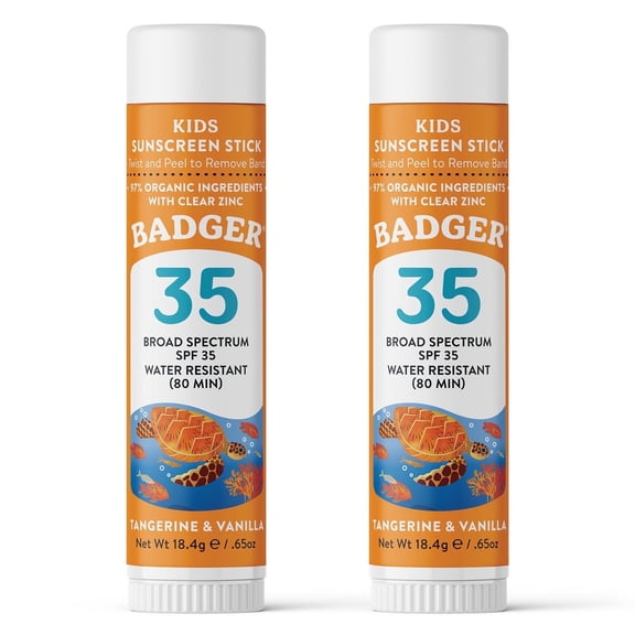 Badger Organic Hypoallergenic Sunscreen Stick for Kids, SPF 35, Reef Safe, 0.65 oz, 2 Pack