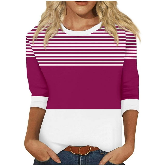 vdgthytj Hauts pour Femmes Manches 3/4 Automne Rayures Imprimé Col Rond Blouses Mode Confortables Chandail à Blocs de Couleur