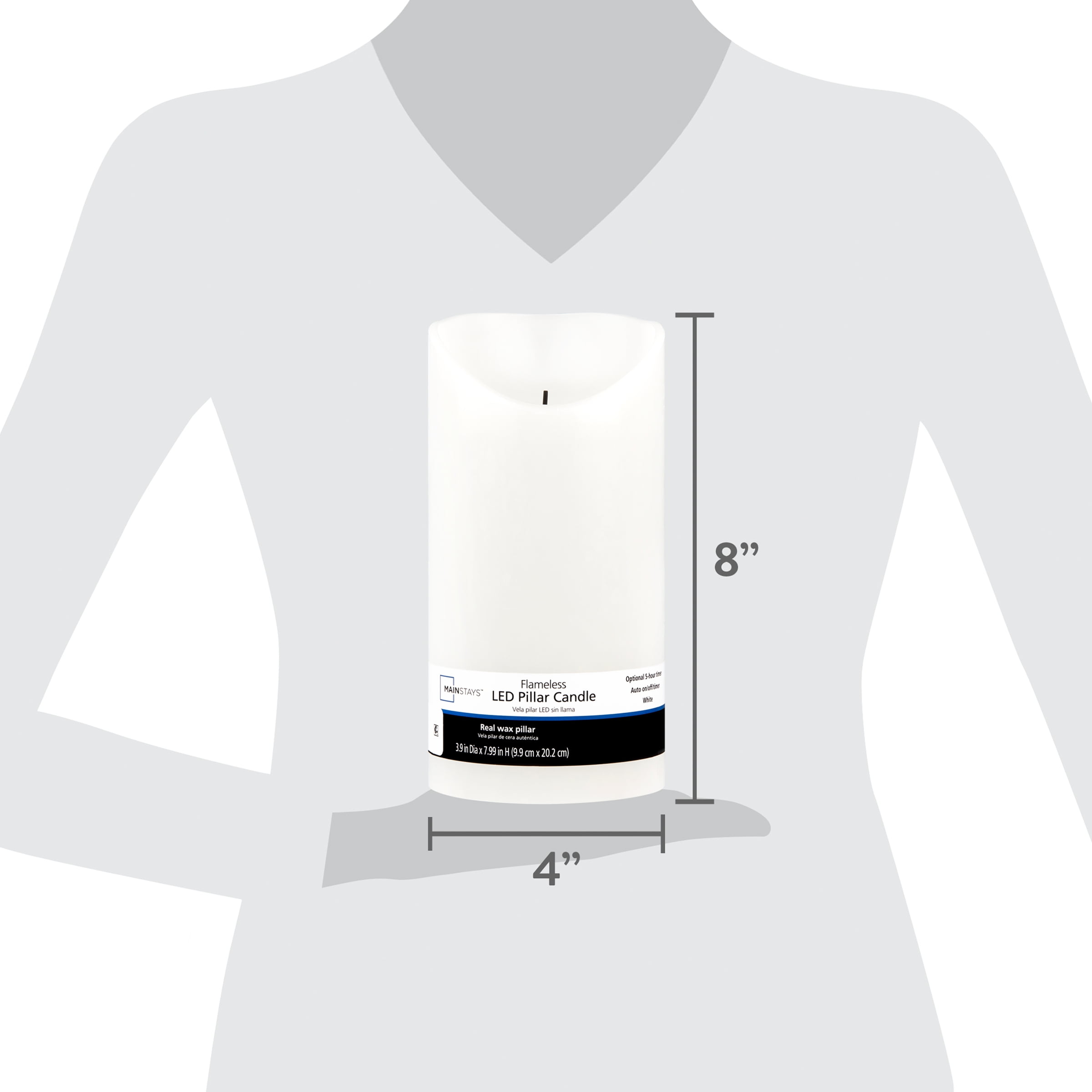 Mainstays Unscented Flameless LED Pillar Candle, White, 4 x 8 in