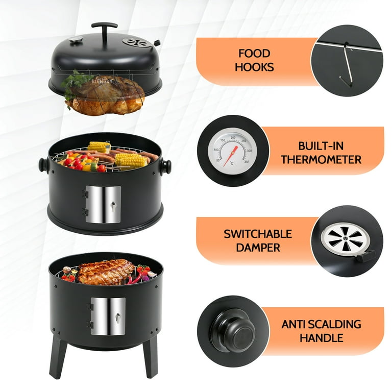 Big Horn Outdoors 3 in 1 Charcoal Smoker Grill Black Vertical Smoker 16