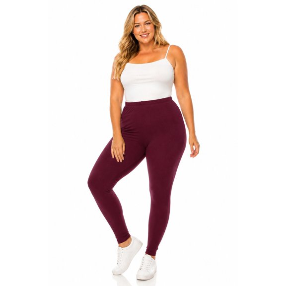 Women's Plus Size Microfiber Full Length Solid Leggings, Soft Stretch High Waist Pants