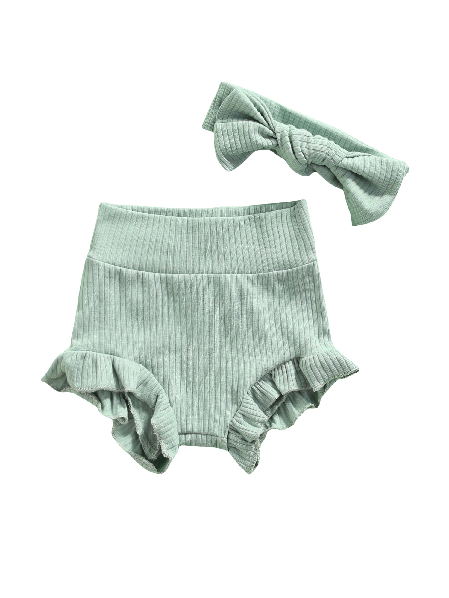 Infant Bloomers Baby Girls Diaper Cover High Waist Elastic Ruffle Shorts Solid Color Underwear Newborn Headbands Set 
