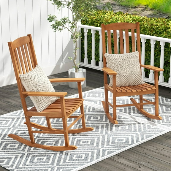 Gymax Eucalyptus Wood Indoor & Outdoor Patio Rocking Chair Set, Natural Finish, (Set of 2)