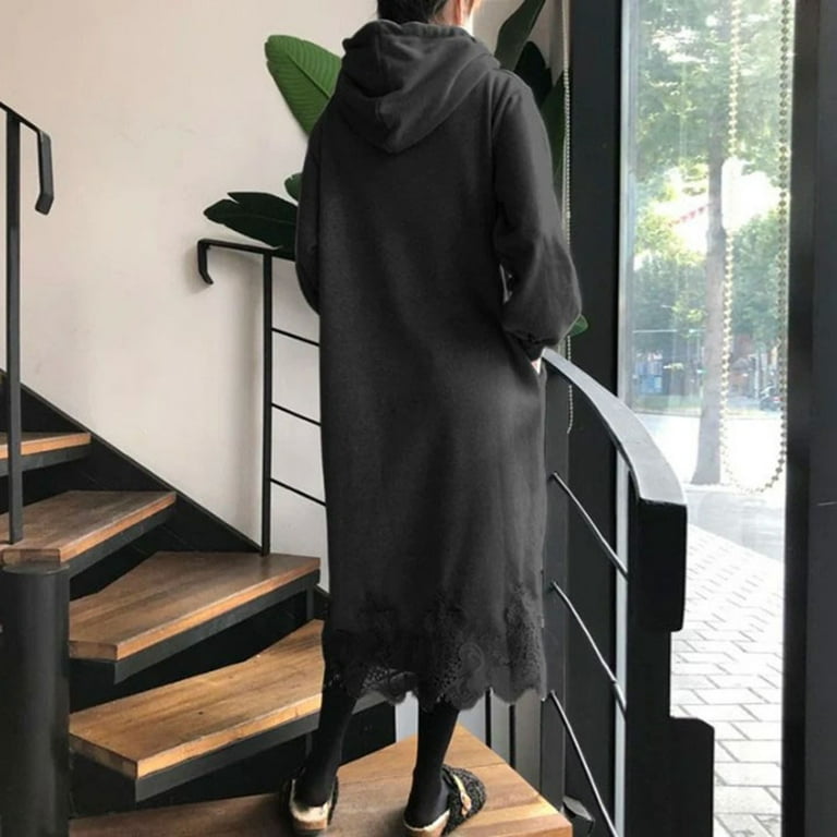 Womens Cotton Blend Oversized Hoodie Dress Floral Lace Hem Long