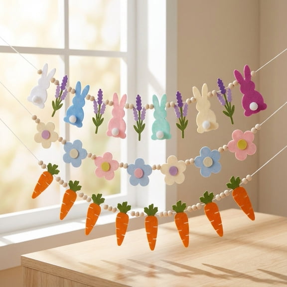 SSNTSY 3pcs 7.2ft Easter Bunner Easter Bead Garland Easter Tree Garland Rustic Bunny Carrot Flower Banner for Home Shelf Fireplace Wall Mantle Decor