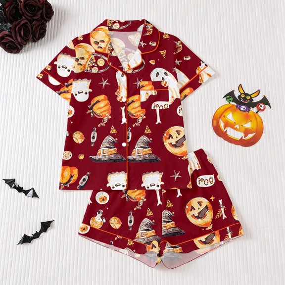 Halloween Theme Button Down Short Sleeve Pajama For With Lace Trim Short Pants Comfortable Home Wear