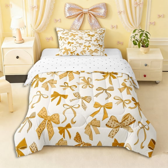 Erosebridal Yellow Polka Dots Bow Twin Comforter Sets 3-Piece for Teens Girls,Kids Kawaii Ribbon Bowtie Bedding Set,Super Cozy Room Decor
