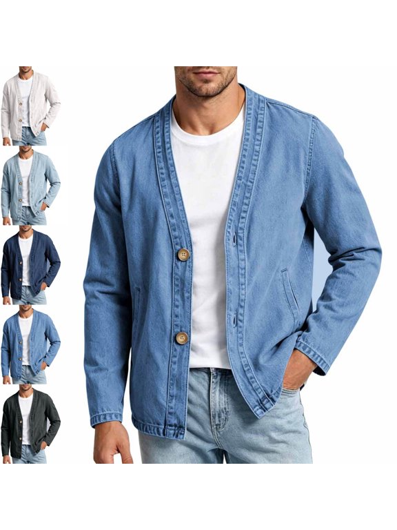 Denim Jackets for Men Button V Neck Fall Spring Long Sleeve Casual Jean Jackets Solid Color Fashion Comfy Coats Outwear