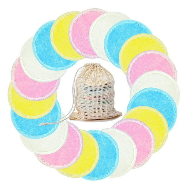 Dsseng 20 Pcs Tampons Ronds en Coton Réutilisables pour Démaquiller avec Sac à Lessive en Coton Couleur Mixte