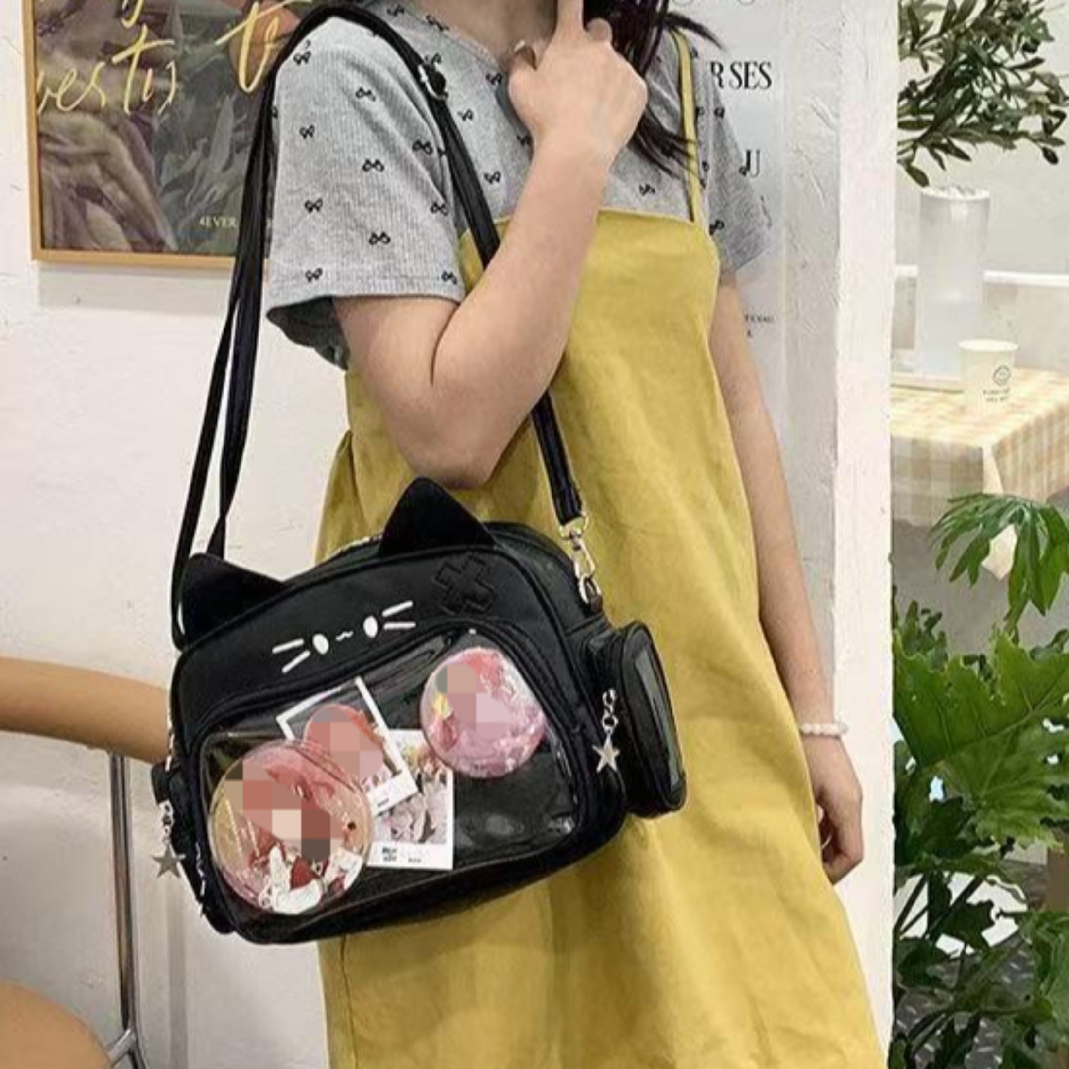 Cat Ita Bag with Clear Pin Window, Cute Anime Backpack, Pin Display Backpack, Kawaii Japanese PU Leather Y2k Aesthetic Shoulder Crossbody Bag