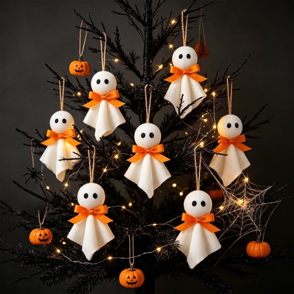 Dalxymotic Halloween Ghost Hanging Ornament, Cute Fabric Ghost with Orange Bow Hanging Pendant, Handmade Ghost Soft Wall Decor, Halloween Decoration for Tree, Home, Door, Wall, Shelf