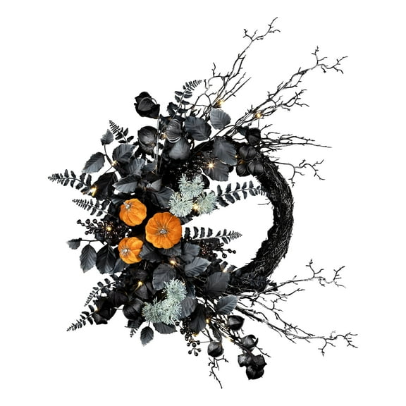 20 in. Artificial Halloween Wreath with Pumpkins, Black, 30 Warm White LED Lights, Battery Operated