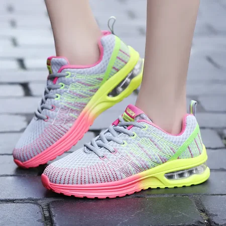 

Women‘s Colorful Air Cushion Sole Knit Sneakers Striped Printed Breathable Mesh Lace Up Running Shoes Women‘s Footwear