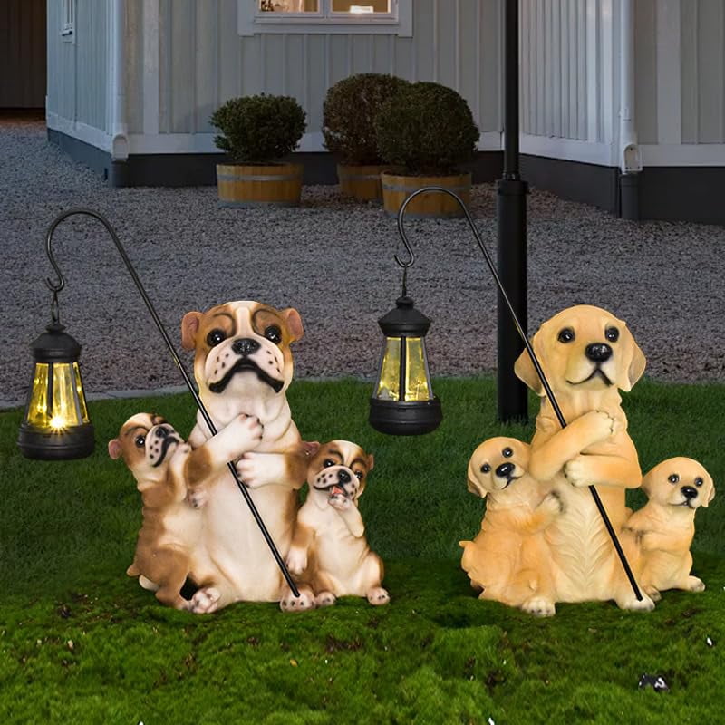 Garden Dog Statues Outdoor Decorations, Solar Lights Outdoor Puppy Statue, Outdoor Animal Statues with Solar Lantern for Patio, Lawn, Yard Art Decoration, Housewarming Garden Gift