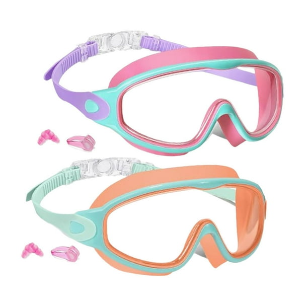2 gafas de natación para niños, máscara de natación, regalo, ajuste cómodo con tapón para los oídos. Rosa y naranja