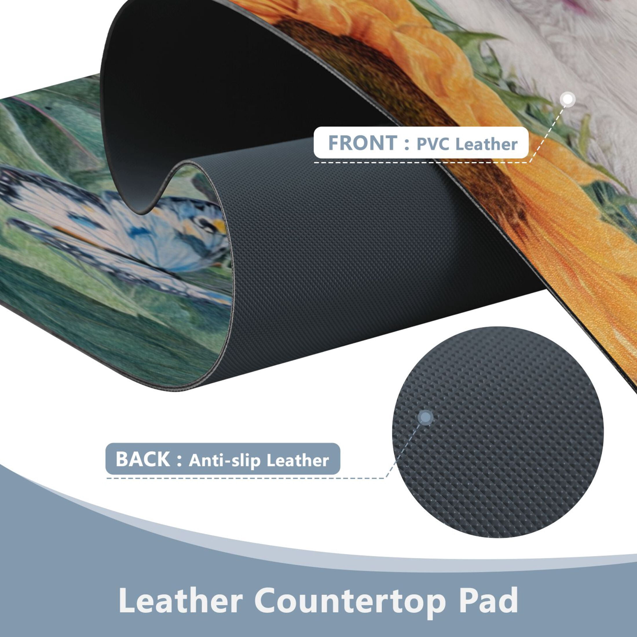Leather Keyboard and Mouse Desk Mat Office Desk Accessories Protective Office Desk Decor Desk Pad Mat for Gaming, Work from Home, Office Playful Cat Lying Sunflowers 23.6" x 47.2"