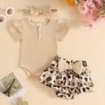 thumbnail image 2 of NOLDARES Infant Newborn Baby Girl Romper Jumpsuit 3 Piece Set Clothes Ruffle Sleeve Shorts Headband Summer Bow(Khaki,3-6 M), 2 of 8