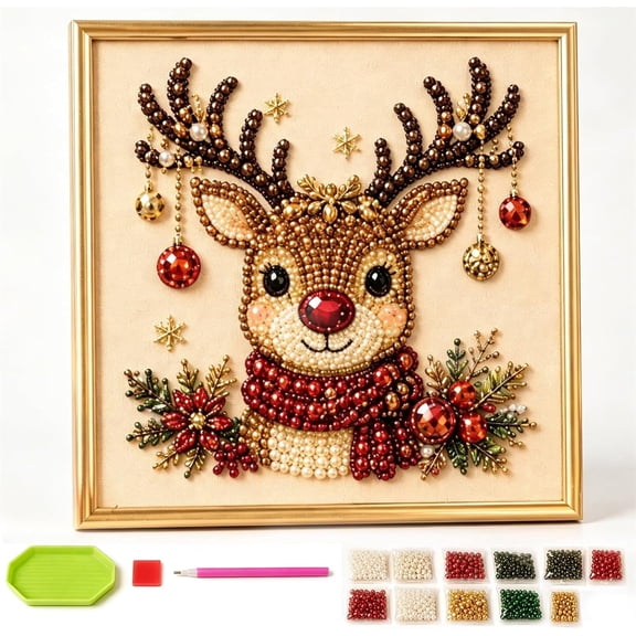 DIY Christmas Pearl Diamond Painting Art Kit with Frame, Christmas Pearl Beads Art Craft for Adults Beginner, Gemstone Diamond Dots Beads for Home Wall Decor