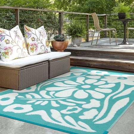 Lahome 5'x8' Waterproof Outdoor Mat - Reversible Plastic Straw Rug,Blue Floral Design for Backyard, Deck & Picnic (Blue Floral)