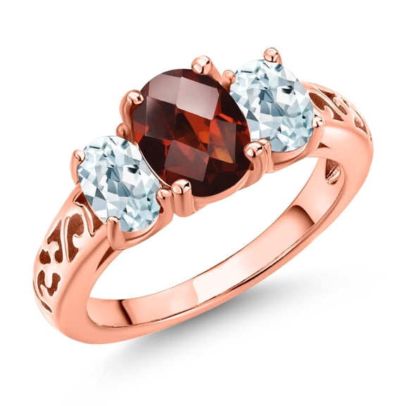 Gem Stone King 18K Rose Gold Plated Silver Red Garnet and Sky Blue Aquamarine Filigree Style 3 Stone Ring for Women (2.53 Cttw, Oval 8X6MM and 6X4MM) (Size 9)