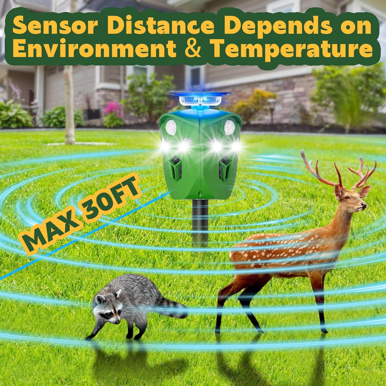 Ultrasonic Solar Powered Deer Repellent Device with PIR Motion Sensor and Strobe Lights 360° Cat Repellent Outdoor Equipped with Dual Charging Methods Outdoor Protection for Gardens, Yards, and Farms