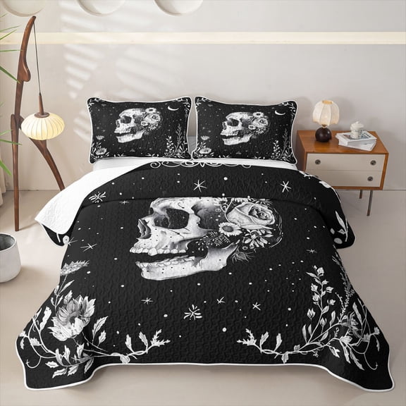 Homewish Sugar Skull Twin Quilt Set, Celestial Stars Twin Coverlet Set, Black White, 2-Piece 1 Bedspread and 1 Pillowcase
